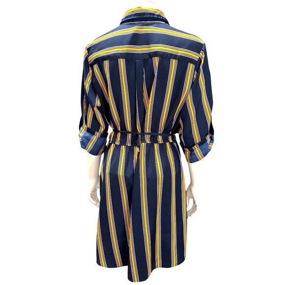 MPH Collection PL Navy Mustard Vertical Stripe Collared Button Front Shirt Dress - Picture 4 of 8